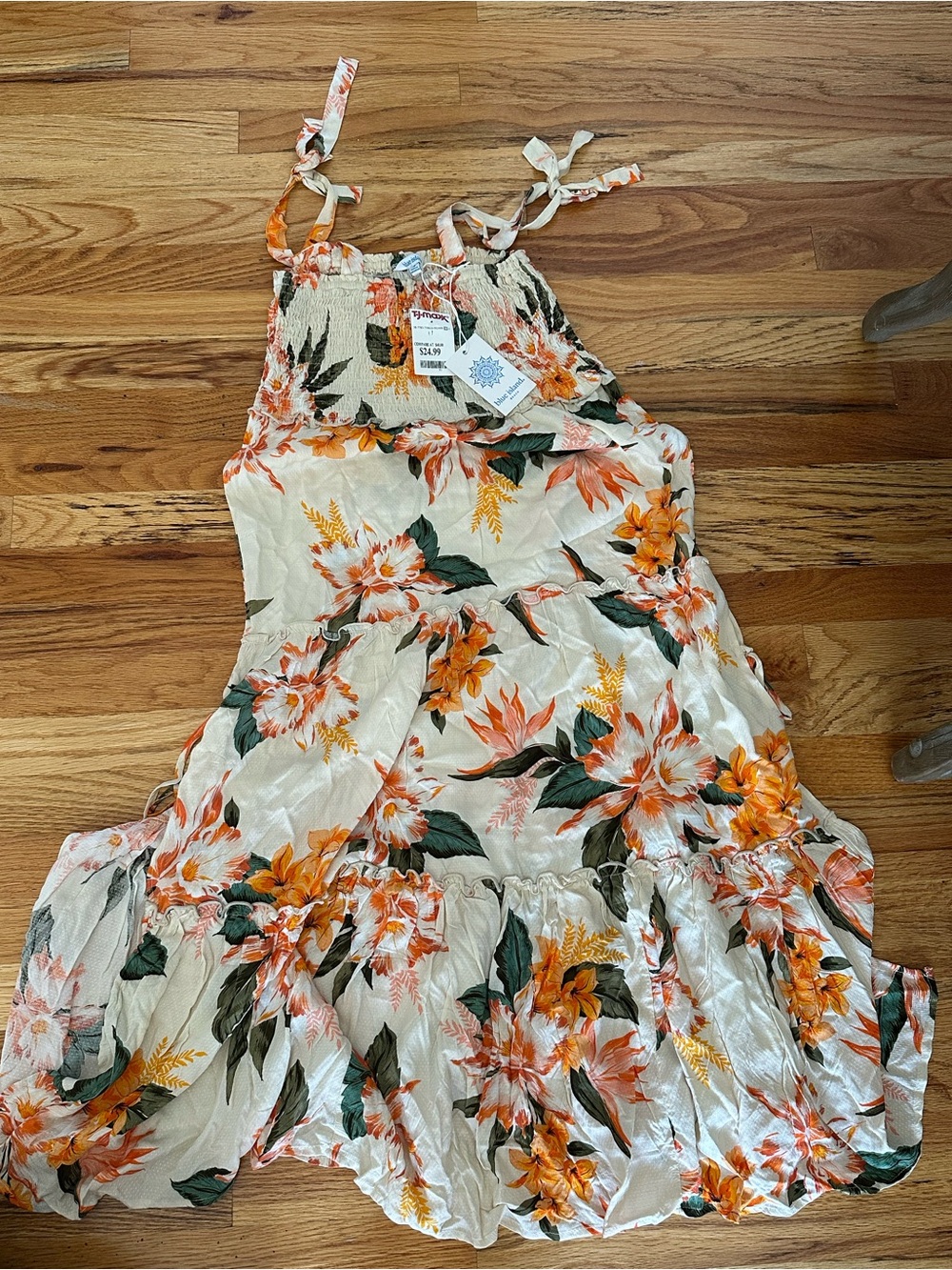 NWT blue island Cream Floral Tie-Shoulder Sundress with Orange Accents